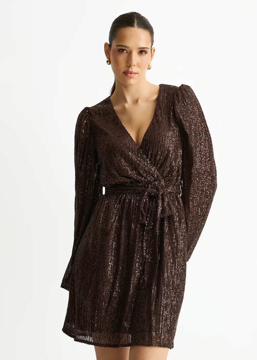 Gini London Chocolate Sequin V Neck Belted Mini Dress - 16 Image 3