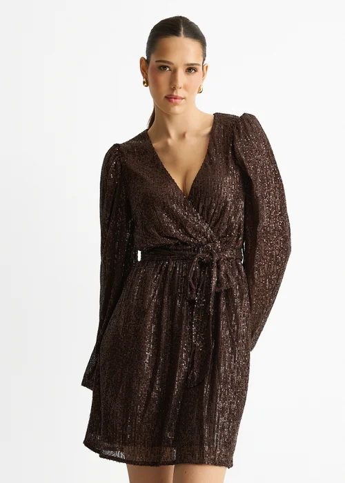 Gini London Chocolate Sequin V Neck Belted Mini Dress - 16 Image 3