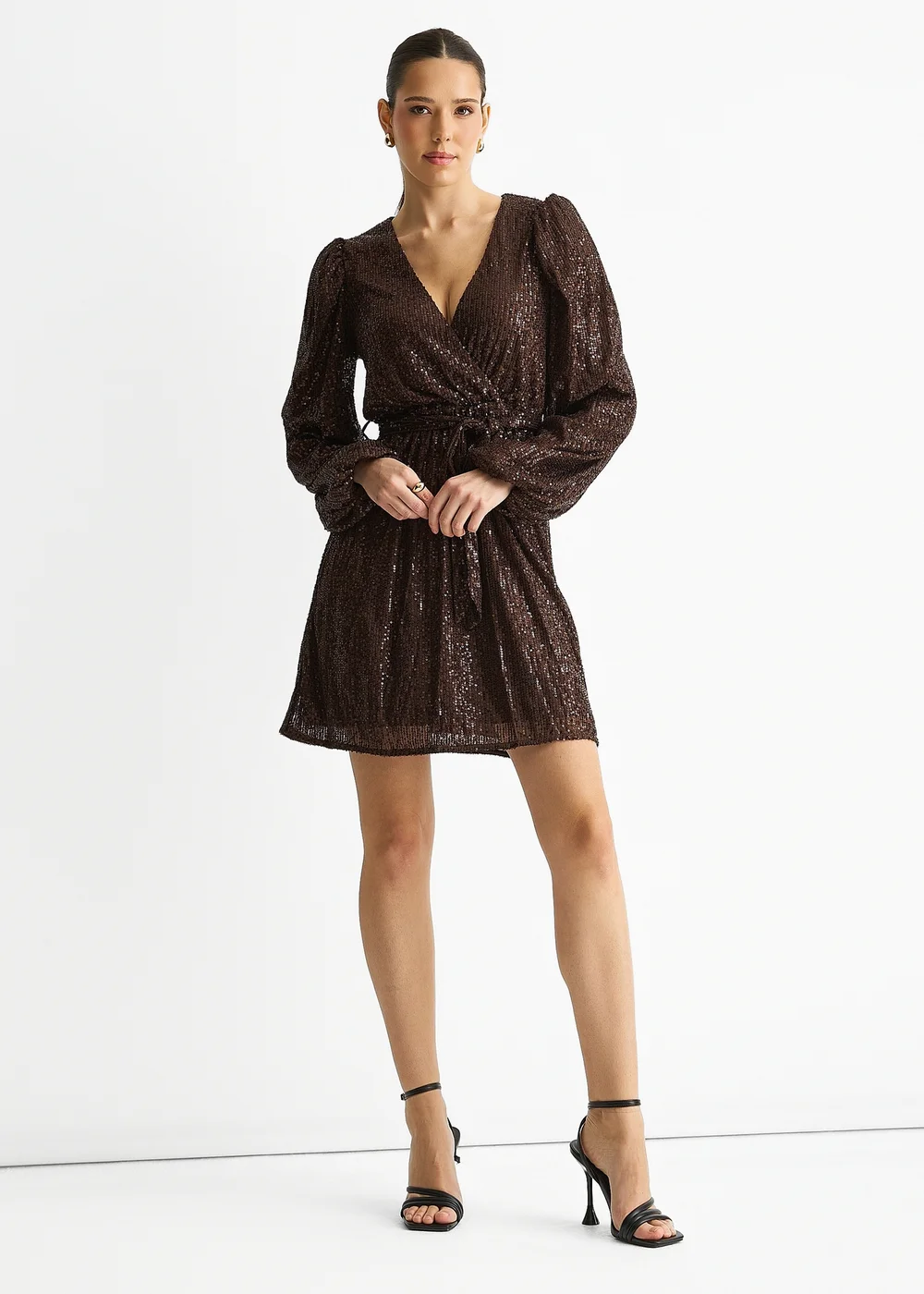 Gini London Chocolate Sequin V Neck Belted Mini Dress - 16 Image 1