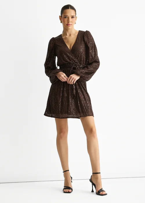 Gini London Chocolate Sequin V Neck Belted Mini Dress - 16 Image 1