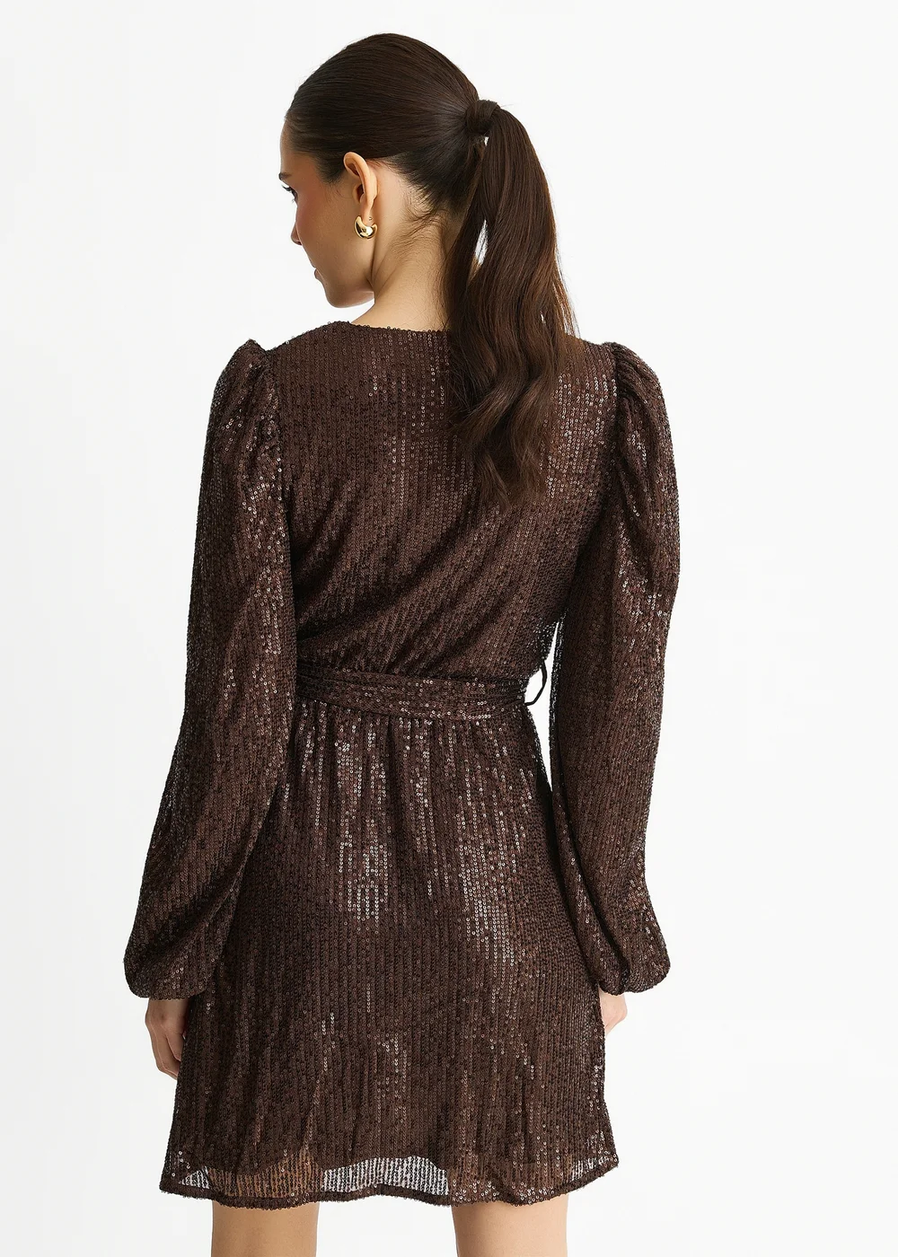 Gini London Chocolate Sequin V Neck Belted Mini Dress - 16 Image 2