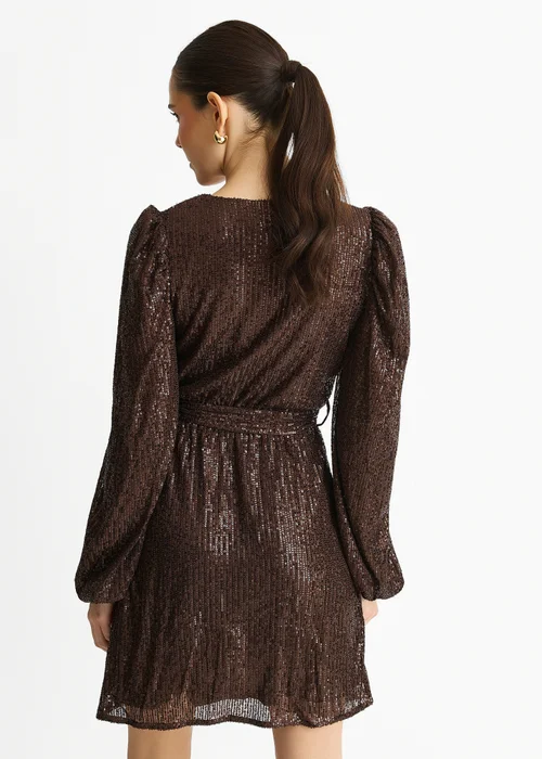 Gini London Chocolate Sequin V Neck Belted Mini Dress - 16 Image 2