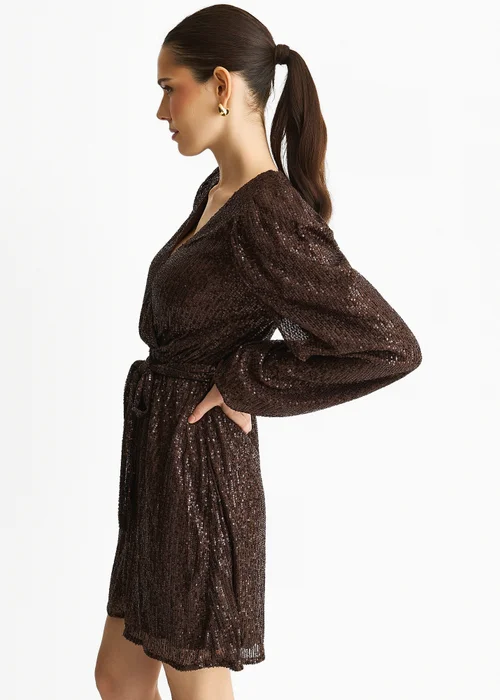 Gini London Chocolate Sequin V Neck Belted Mini Dress - 16 Image 4