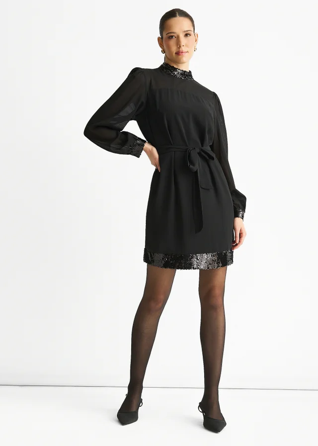 Gini London Black Sequin Trim High Neck Belted Mini Dress