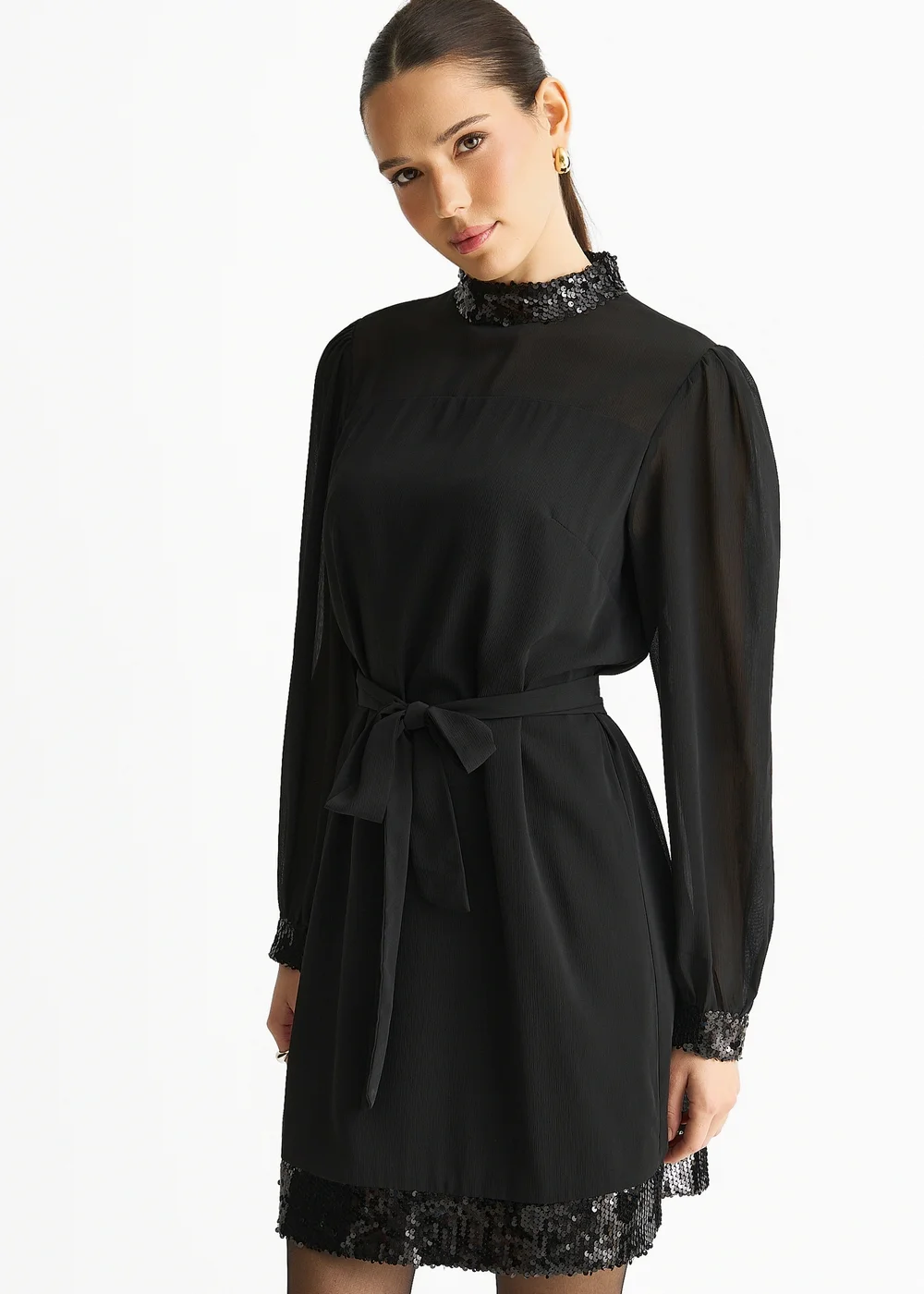 Gini London Black Sequin Trim High Neck Belted Mini Dress - 14 Image 4