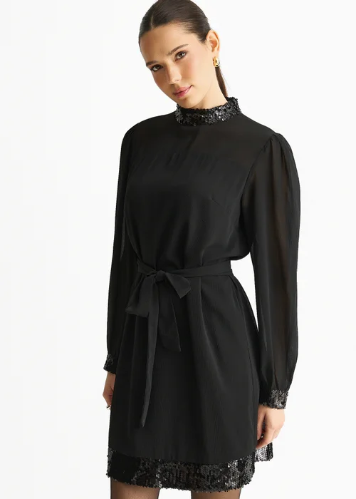 Gini London Black Sequin Trim High Neck Belted Mini Dress - 14 Image 4