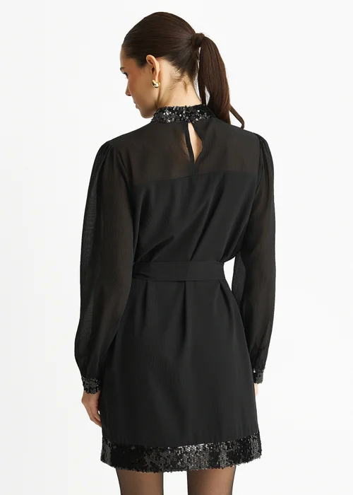 Gini London Black Sequin Trim High Neck Belted Mini Dress - 14 Image 2