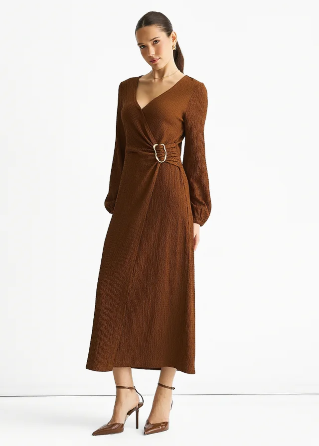 Gini London Brown Jersey Texture Wrap Metal Trim Midi Dress