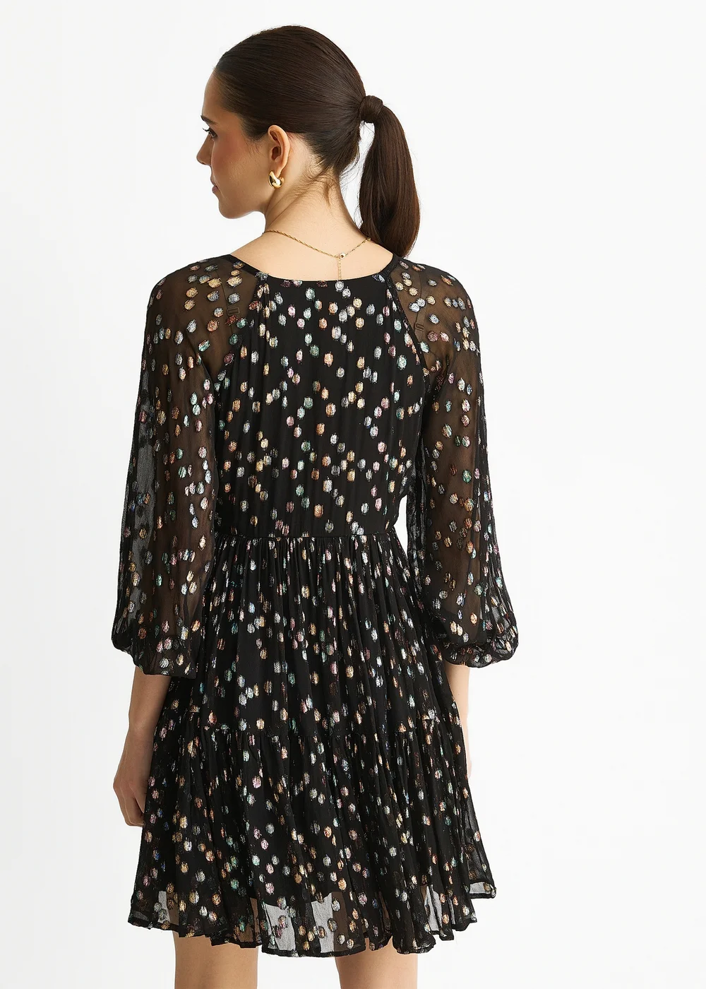 Gini London Black Multicolored Spot Viscose Clipped Jacquard Mini Tiered Dress - 12 Image 2