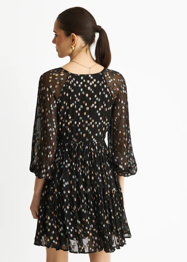 Gini London Black Multicolored Spot Viscose Clipped Jacquard Mini Tiered Dress