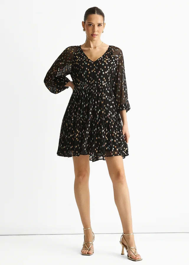 Gini London Black Multicolored Spot Viscose Clipped Jacquard Mini Tiered Dress