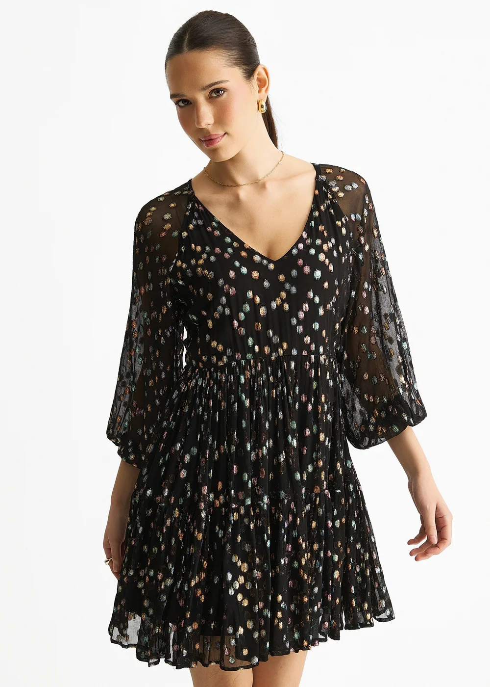 Gini London Black Multicolored Spot Viscose Clipped Jacquard Mini Tiered Dress - 12 Image 3
