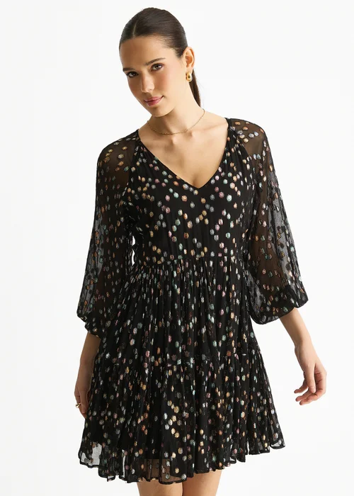 Gini London Black Multicolored Spot Viscose Clipped Jacquard Mini Tiered Dress - 12 Image 3