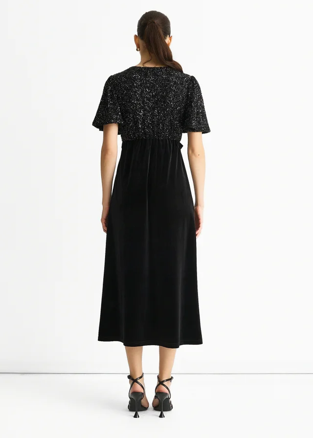 Gini London Black Sequin Top Premium Velvet Occasion Midi Dress