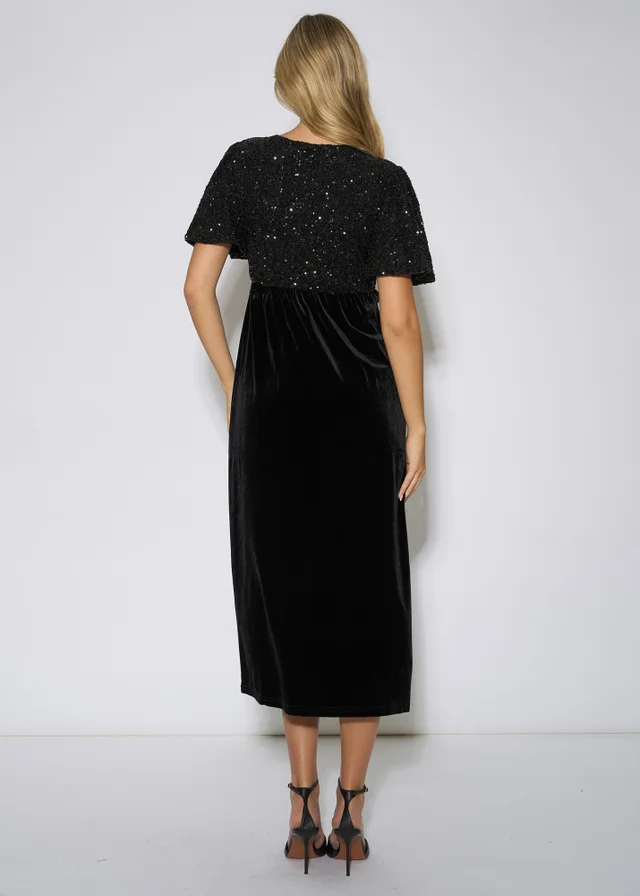 Gini London Black Sequin Top Premium Velvet Occasion Midi Dress