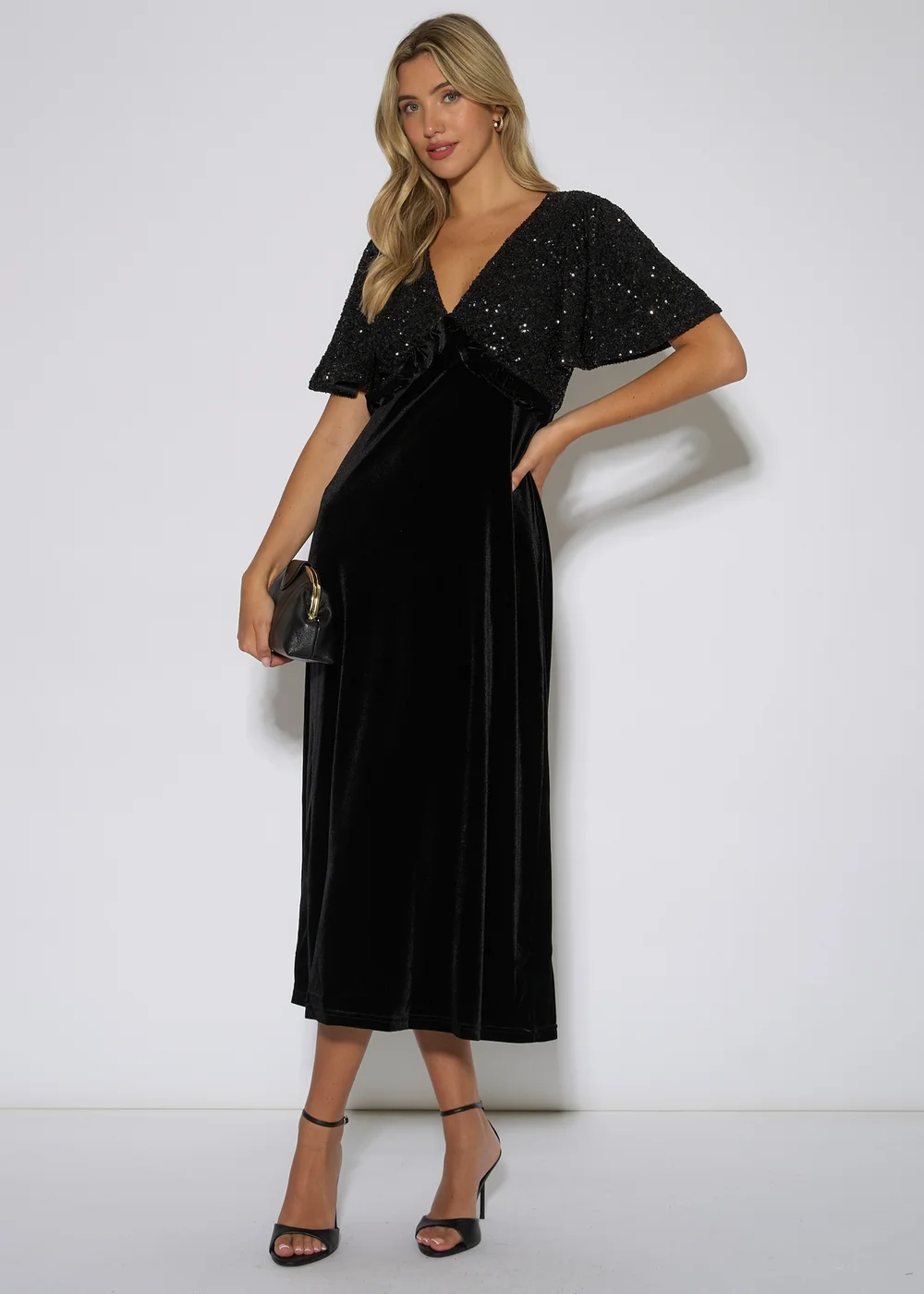 Gini London Black Sequin Top Premium Velvet Occasion Midi Dress - 10 Image 1