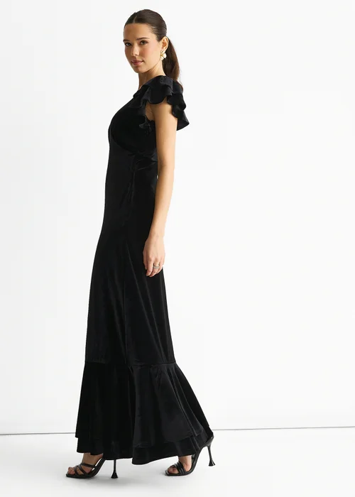 Gini London Black V Neck Ruffle Sleeves Velvet Occasion Maxi Dress - 12 Image 4