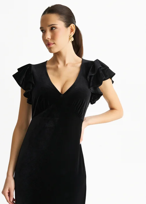 Gini London Black V Neck Ruffle Sleeves Velvet Occasion Maxi Dress - 12 Image 3