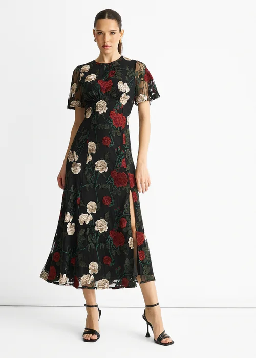 Gini London Black Angel Sleeves Embroidered Occasion Midi Dress - 10 Image 1