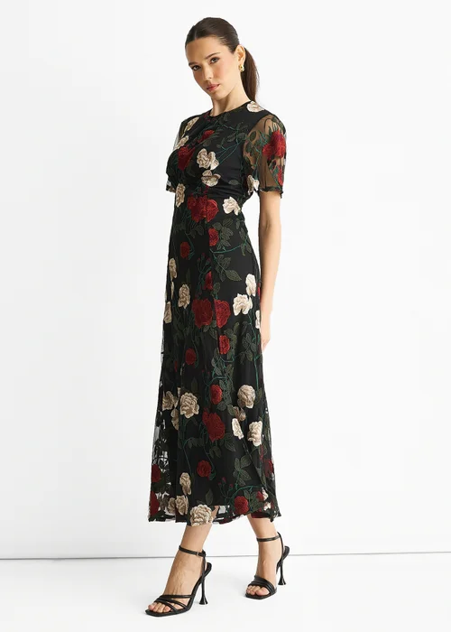 Gini London Black Angel Sleeves Embroidered Occasion Midi Dress - 10 Image 4