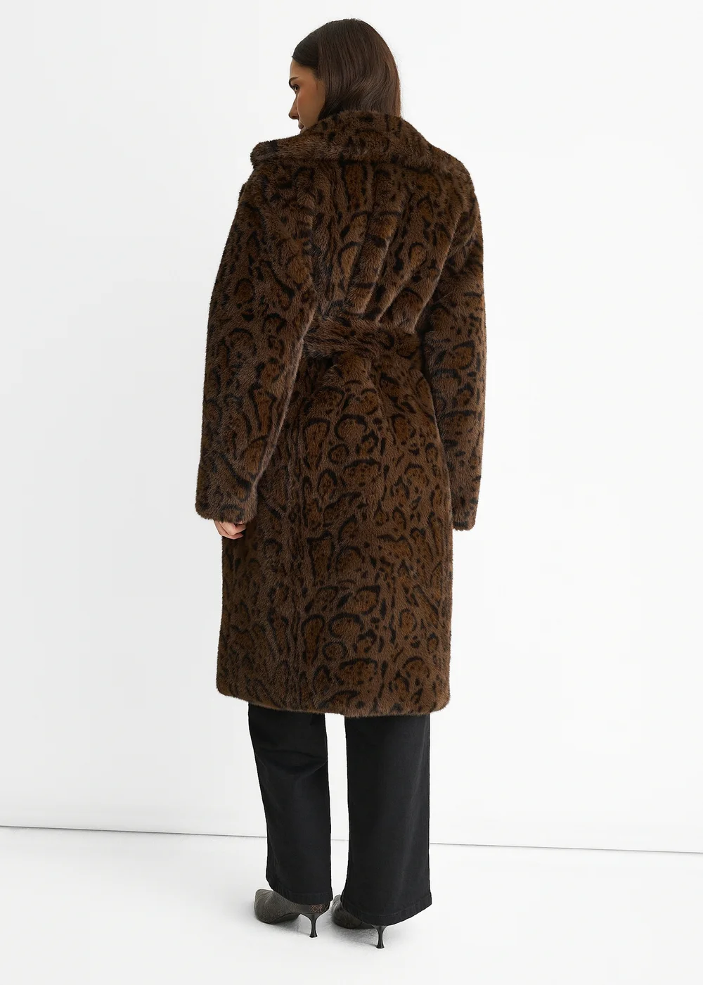 Gini London Chocolate Animal Print Premium Faux Fur Belted Long Coat - L/XL Image 2