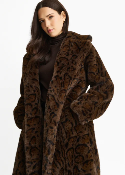 Gini London Chocolate Animal Print Premium Faux Fur Belted Long Coat - L/XL Image 4