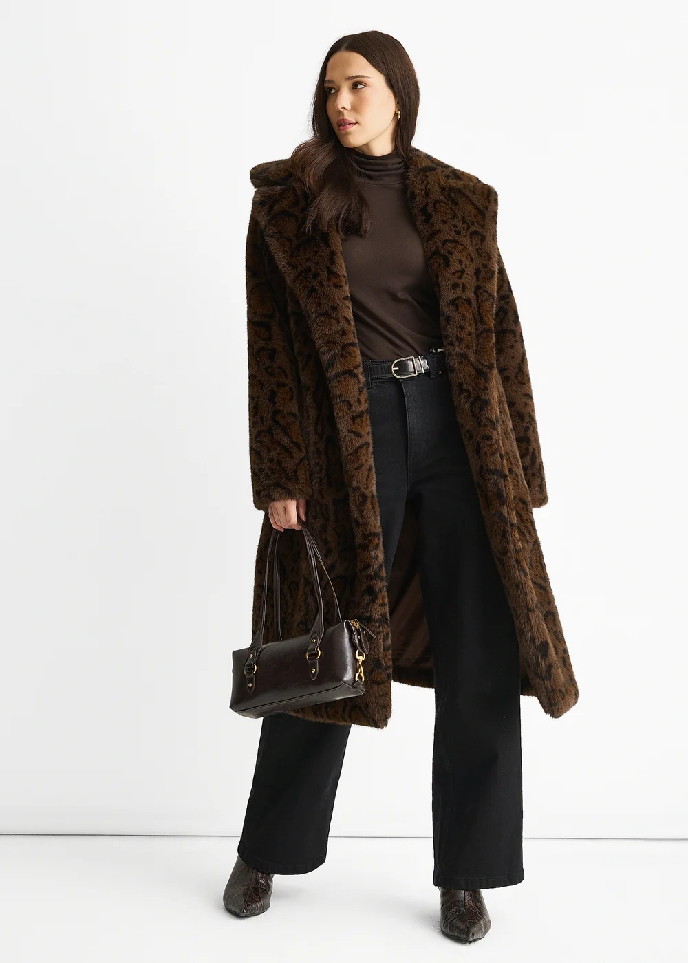 Gini London Chocolate Animal Print Premium Faux Fur Belted Long Coat - L/XL Image 1