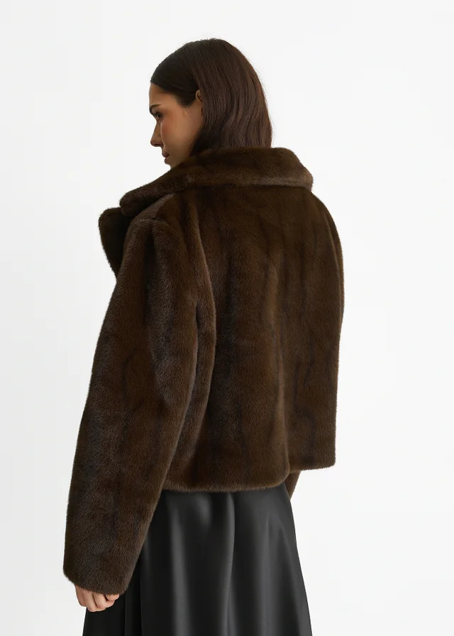 Gini London Coffee Crushed Look Faux Fur Cropped Jacket