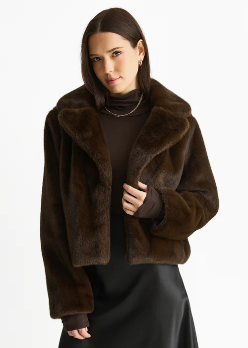 Gini London Coffee Crushed Look Faux Fur Cropped Jacket - M/L Image 3