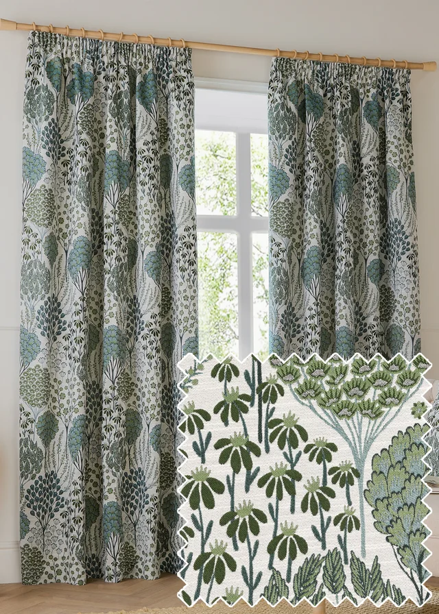Wylder Ophelia Jacquard Floral Room Darkening Pencil Pleat Curtain Pair Green/White