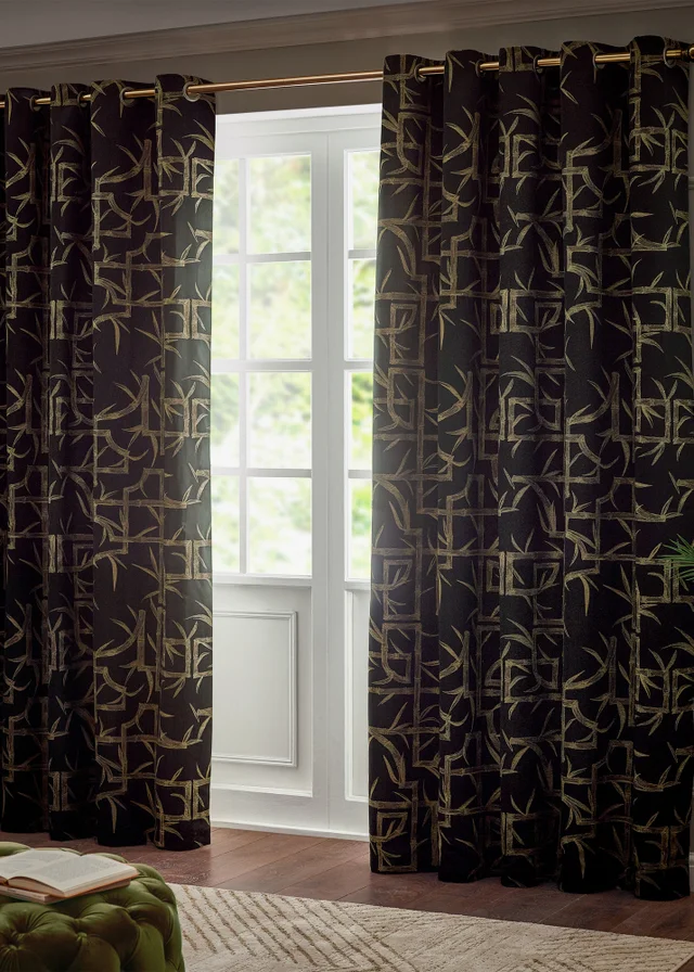Paoletti Bamboo Jacquard Room Darkening Eyelet Curtain Pair Black