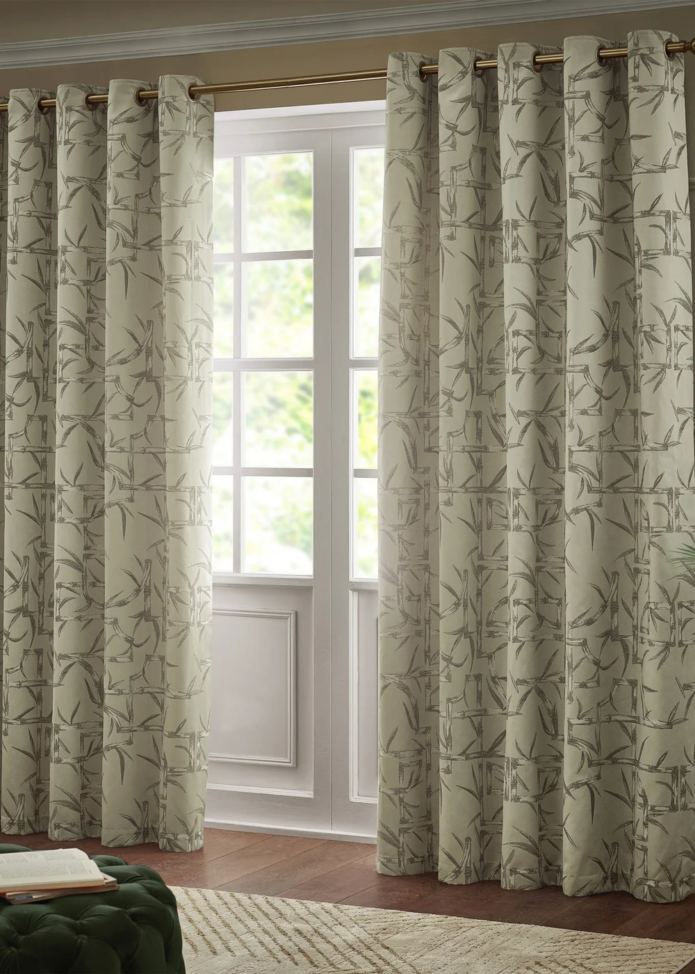 Paoletti Bamboo Jacquard Room Darkening Eyelet Curtain Pair Champagne - 46W X 54D (117x137cm Image 2