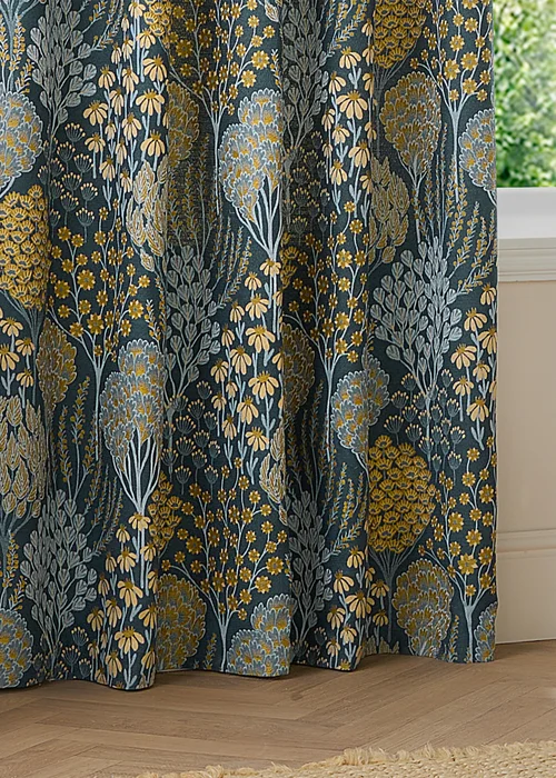 Wylder Nature Ophelia Floral Jacquard Room Darkening Eyelet Curtain Pair Blue/Saffron - 46W X 54D (117x137cm Image 4
