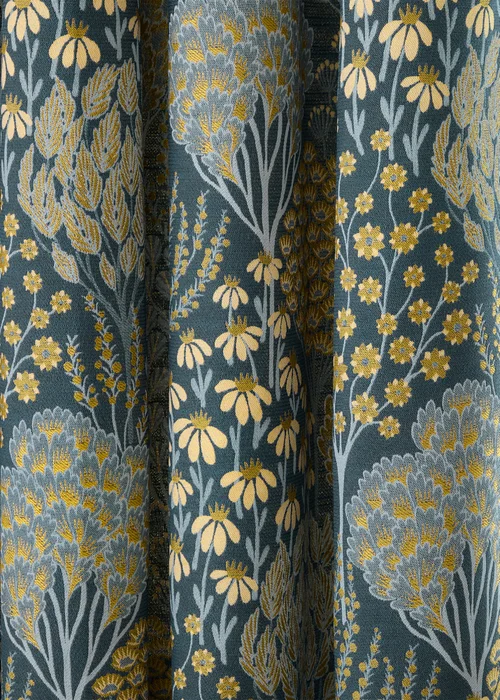 Wylder Nature Ophelia Floral Jacquard Room Darkening Eyelet Curtain Pair Blue/Saffron - 46W X 54D (117x137cm Image 5