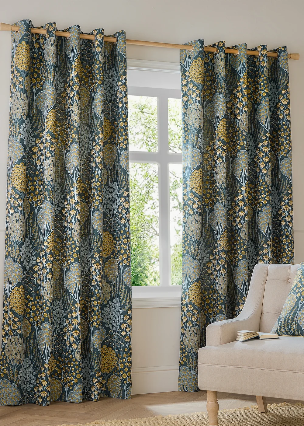 Wylder Nature Ophelia Floral Jacquard Room Darkening Eyelet Curtain Pair Blue/Saffron - 46W X 54D (117x137cm Image 2