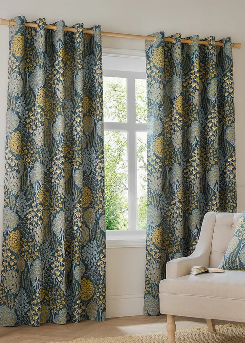 Wylder Nature Ophelia Floral Jacquard Room Darkening Eyelet Curtain Pair Blue/Saffron - 46W X 54D (117x137cm Image 2