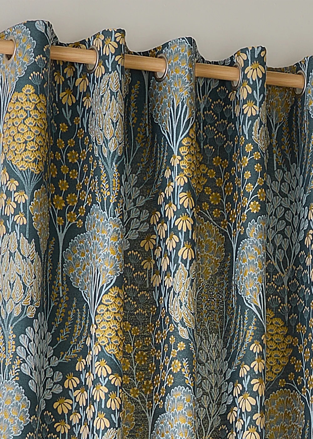 Wylder Nature Ophelia Floral Jacquard Room Darkening Eyelet Curtain Pair Blue/Saffron - 46W X 54D (117x137cm Image 3