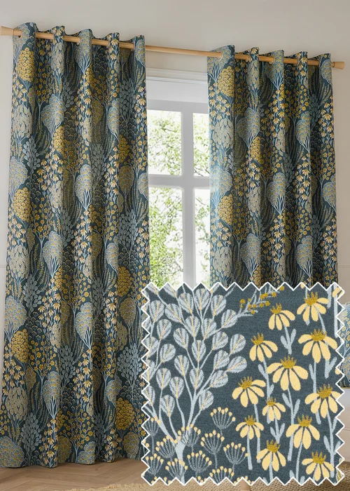 Wylder Nature Ophelia Floral Jacquard Room Darkening Eyelet Curtain Pair Blue/Saffron - 46W X 54D (117x137cm Image 1