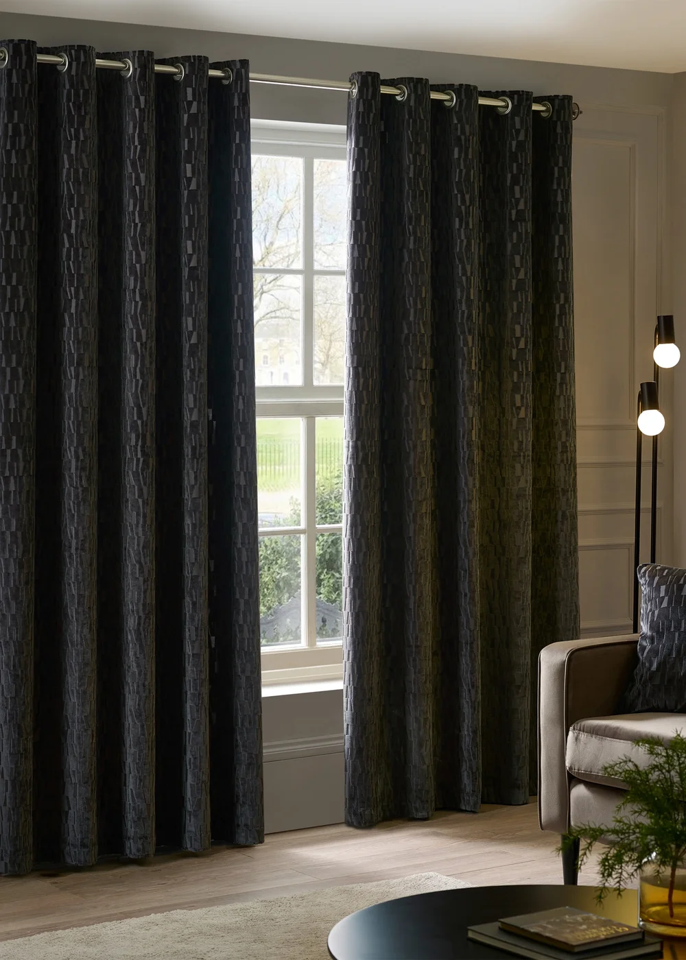 Paoletti Manhattan Velvet Room Darkening Eyelet Curtain Pair Charcoal - 46W X 54D (117x137cm Image 2