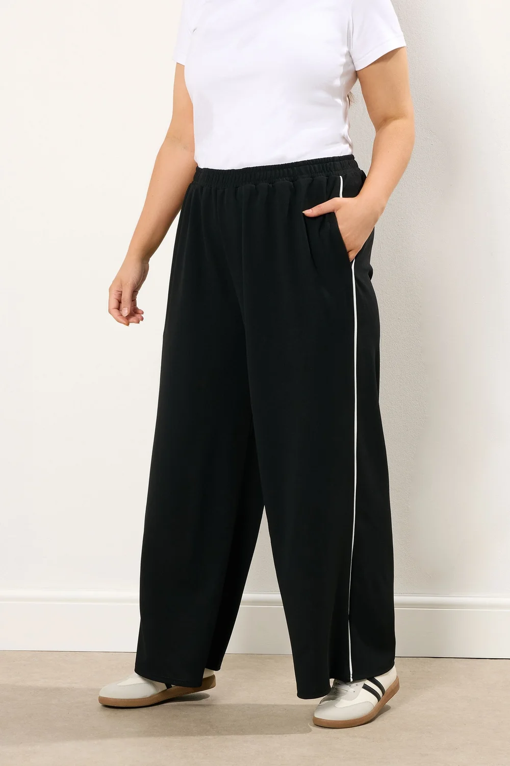 Yours Curve Black Scuba Side Stripe Wide Leg Trousers - 30-32 Image 2