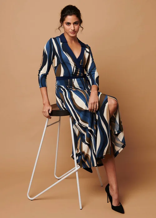 Izabel London Blue Striped 3/4 Sleeve Midi Wrap Dress - 10 Image 2