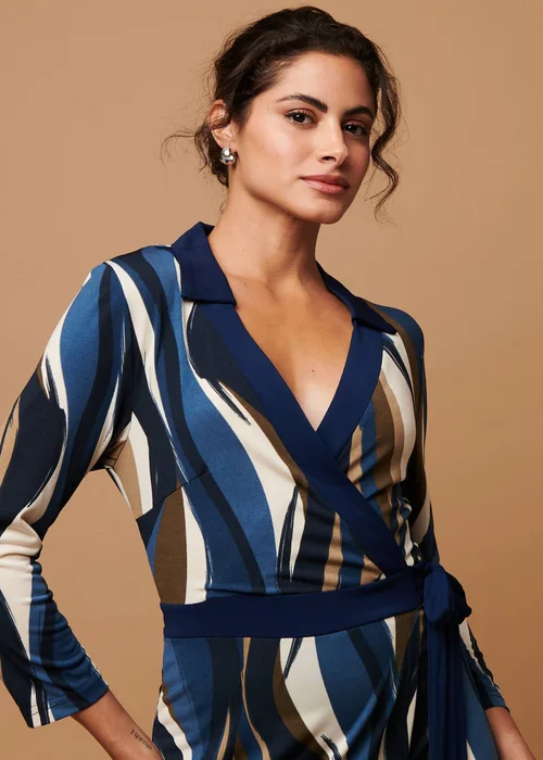 Izabel London Blue Striped 3/4 Sleeve Midi Wrap Dress - 10 Image 3