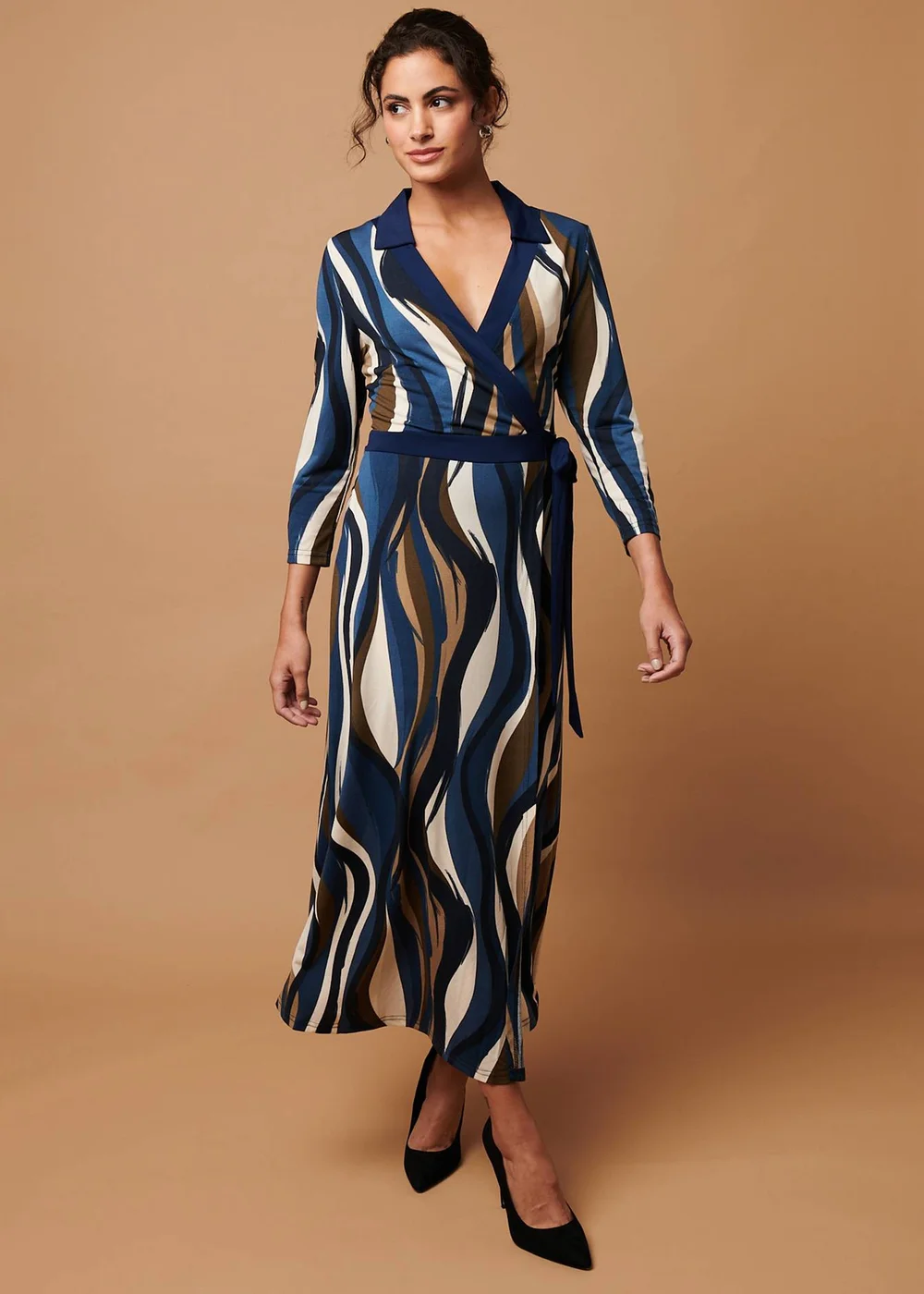 Izabel London Blue Striped 3/4 Sleeve Midi Wrap Dress - 10 Image 1