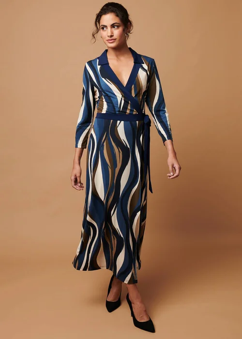 Izabel London Blue Striped 3/4 Sleeve Midi Wrap Dress - 10 Image 1