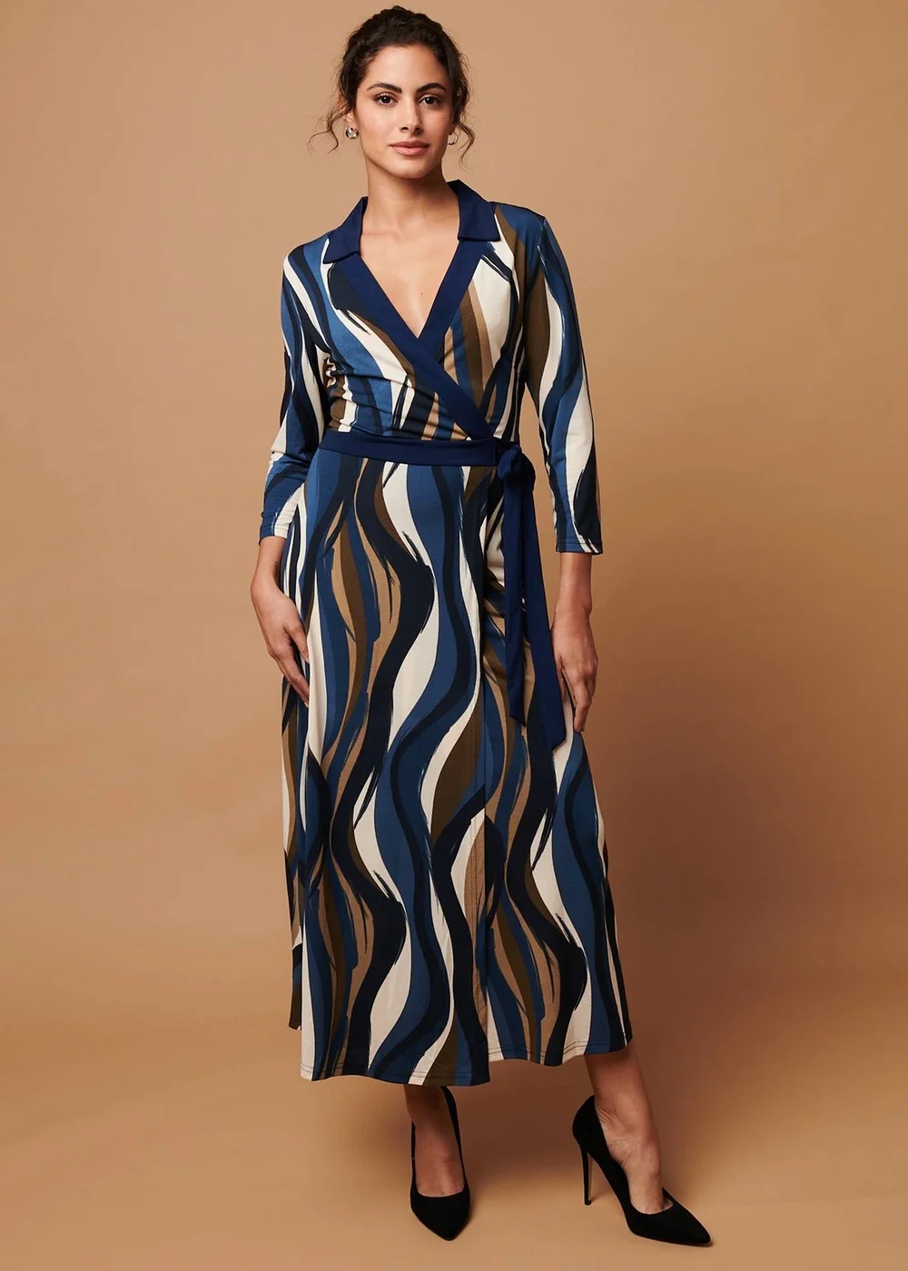 Izabel London Blue Striped 3/4 Sleeve Midi Wrap Dress - 10 Image 4