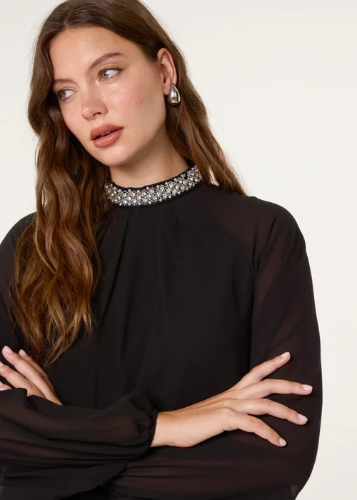 Blue Vanilla Black Embellished Collar Tunic Top - L Image 2