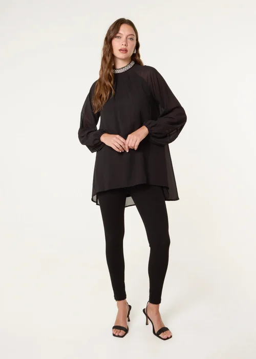 Blue Vanilla Black Embellished Collar Tunic Top - L Image 4