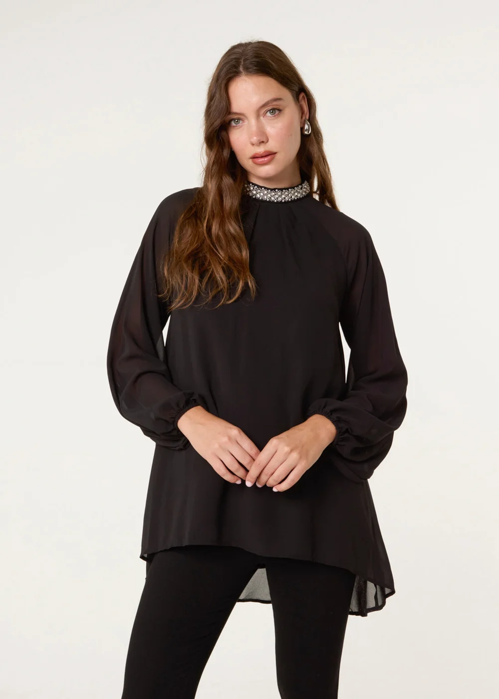 Blue Vanilla Black Embellished Collar Tunic Top - L Image 3