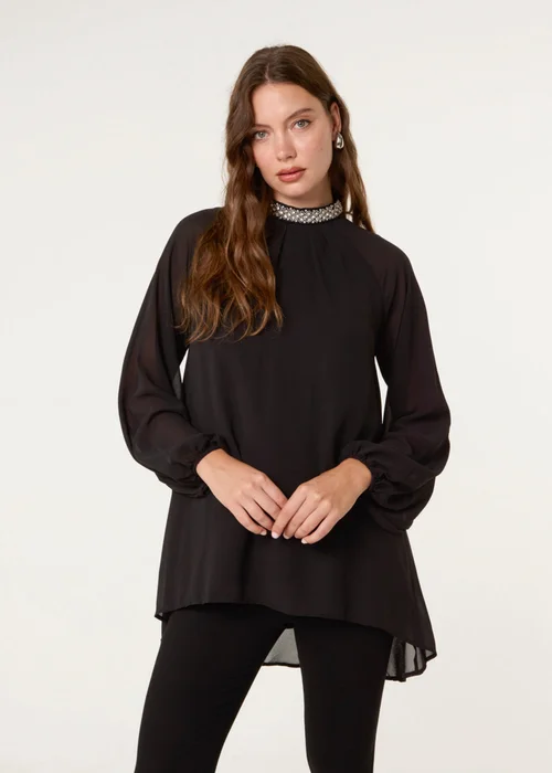 Blue Vanilla Black Embellished Collar Tunic Top - L Image 3