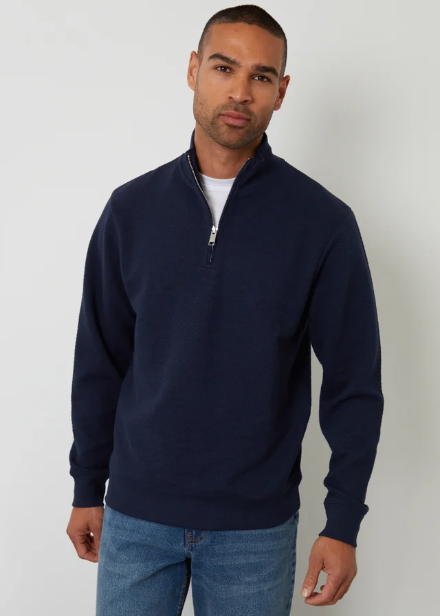 Threadbare Navy Textured Quarter Zip Sweatshirt